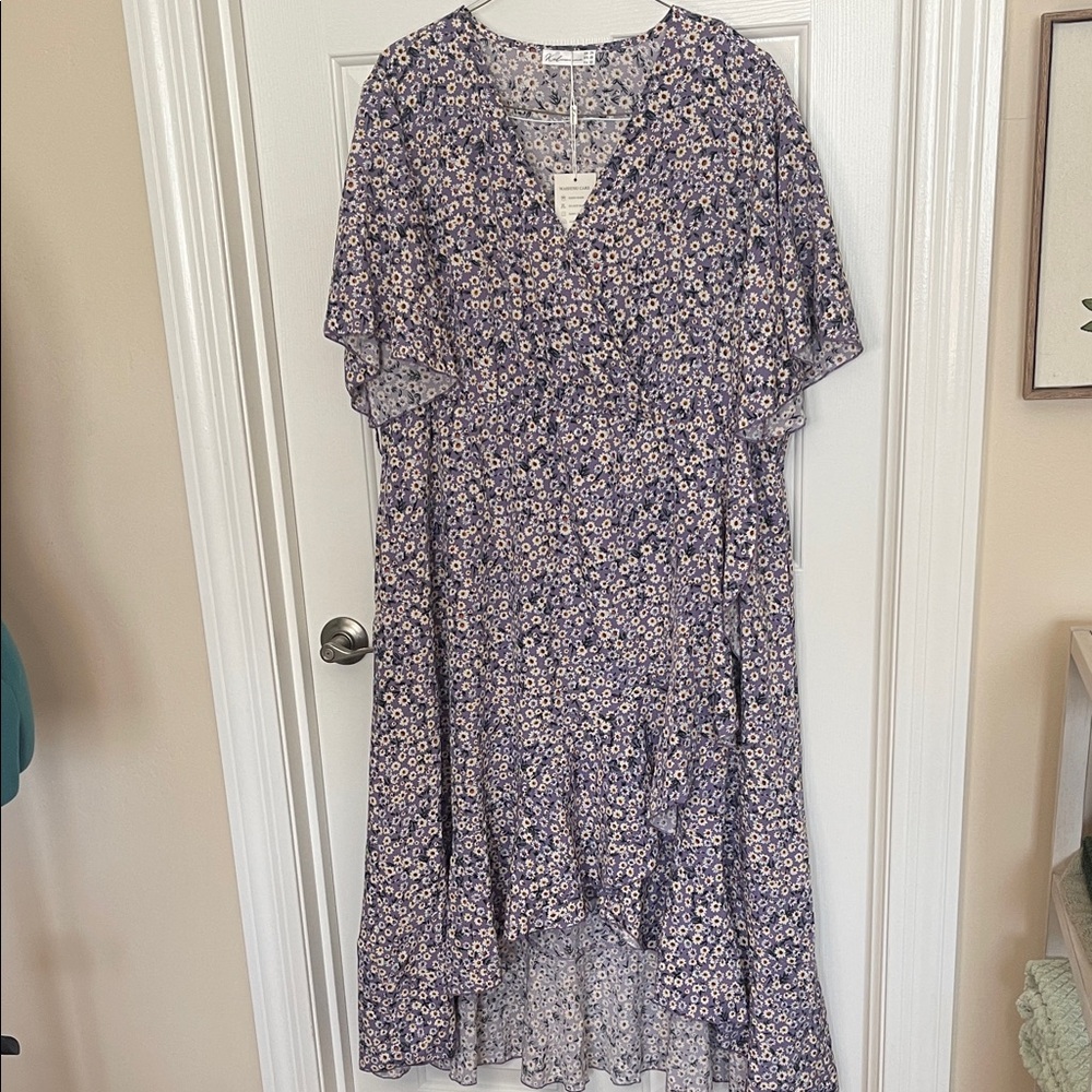 Women's Purple Floral High-Low Dress with Flutter Sleeves